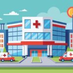 Download Illustration of a modern hospital building with two ambulances parked in front, on a sunny day_ for free