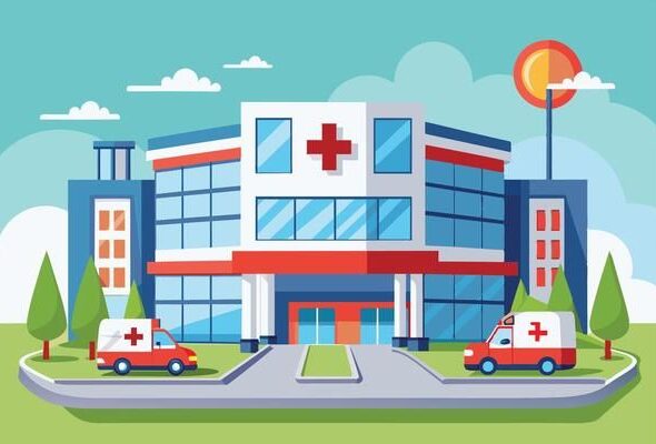 Download Illustration of a modern hospital building with two ambulances parked in front, on a sunny day_ for free
